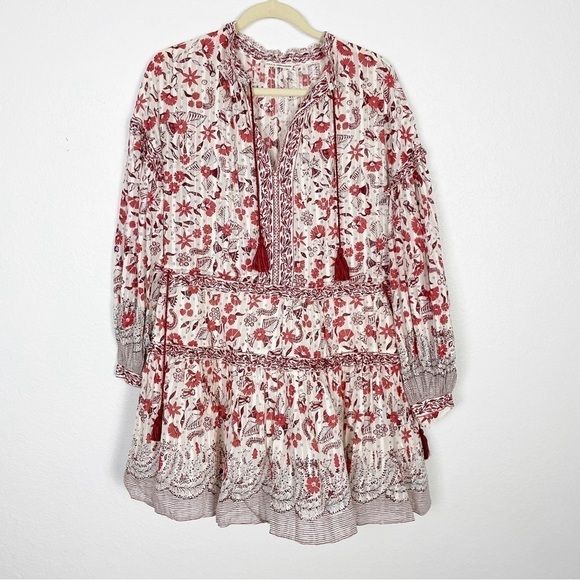 Ulla Johnson Marigold Floral Long Sleeve Tassel Mini Dress Cotton White Red - Picture 2 of 9